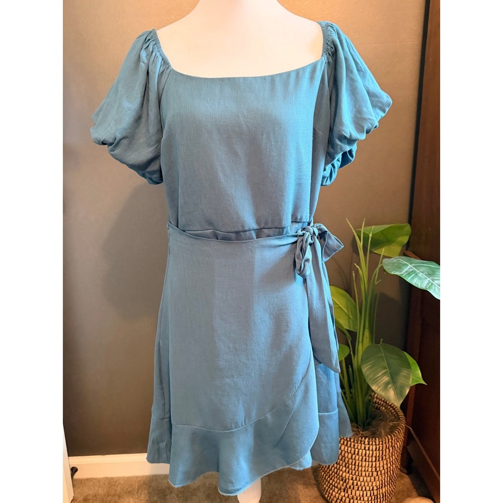 Trixxi Wrap Dress Womens Large Blue Excellent Puff Sleeve Ruffle Hem Mini